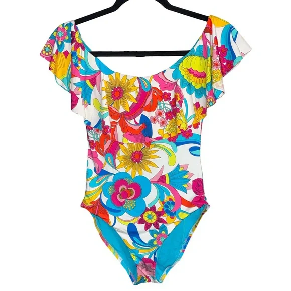 TRINA TURK FONTAINE OFF THE SHOULDER RUFFLE ONE PIECE SWIMSUIT
SIZE 6 -NWT - Picture 3 of 7